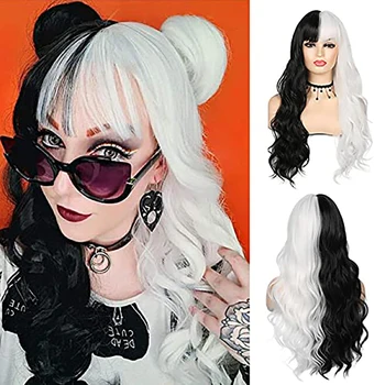Soowee Дълга половина черно-бяла перука вълнообразна дамска къдрава костюм перуки Лолита косплей перука за Хелоуин карнавално парти