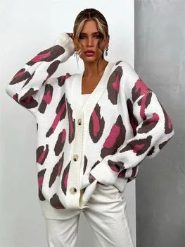 Забрина Случайни хлабав плета жилетка пуловер за жени печат дълъг ръкав v-образно деколте бутон палто връхни дрехи Y2K Streetwear парти клуб