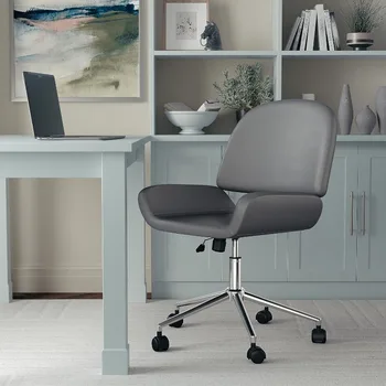Martha Stewart Tyla Armless Въртящ се стол за домашен офис в сива изкуствена кожа с полирана никелова рамка