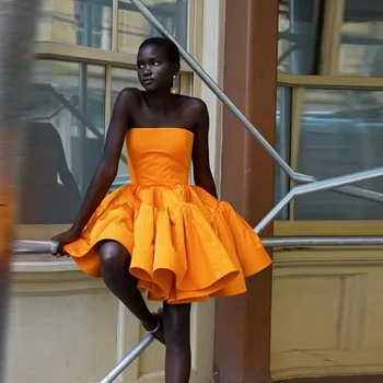 Оранжева сатенена къса парти рокля Къдри Пухкави африкански момичета Абитуриентска рокля Жени над коляното Мини вечерни рокли Официално облекло