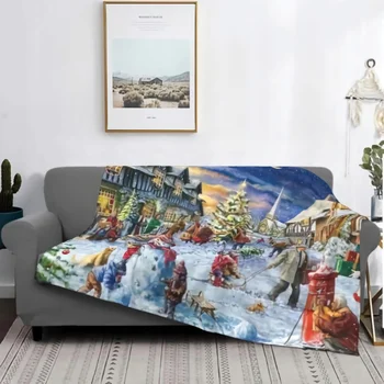 Comfort Velvet Super Soft Christmas Village Painting Prints Blanket Home Décor Warm Throws for Winter Bedding Couch and Gift