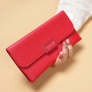 Нов дамски портфейл корейска версия трикратно дълга карирана катарама държаща чанта мулти-карта pu кожа пари клип карта чанта