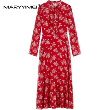 MARYYIMEI Моден дизайнер Пролет Дамска рокля Дълъг ръкав Цветен печат Копринено червени дълги рокли
