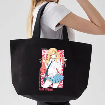 Marin Kitagawa Print Canvas Tote Black Bags Harajuku Casual Female Girl My Dress Up Darling Tote Eco Shopper Shoulder Bags