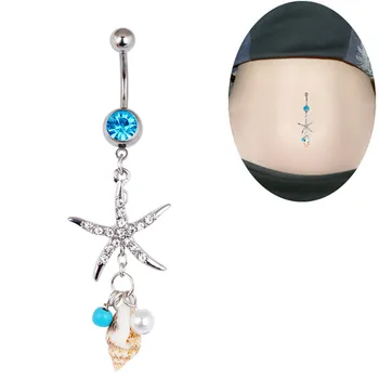 Crystal Starfish Punk Conch Dangle Navel Ring Body Jewelry Feminino Helix Piercing 316L Хирургически стоманен пръстен на корема