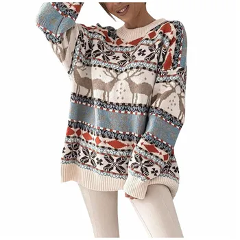 Дамски коледен пуловер Дамски плетен пуловер Пуловер Дамски пуловер Снежинка Елк печат пуловери и пуловери есен зима
