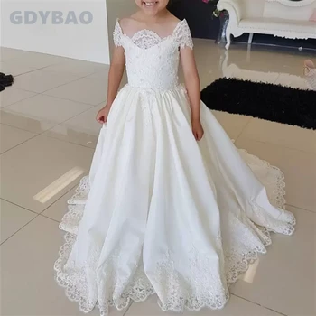 дантела проста бяла цвете момиче рокля сватба перла принцеса за деца без ръкави първо причастие рожден ден парти Pagenant топка рокля