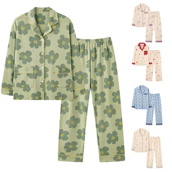 2 парчета комплект пижами костюм жени есен хлабав памук печат дълги ръкави зимни шезлонги топло отгоре + крак панталони женски спално облекло