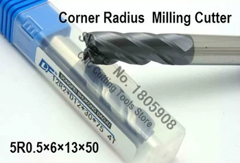 1PCS 5R0.5 * 6 * 13 * 50 5mm 4 флейти Циментиран карбид ъгъл радиус endmill CNC рутер малко фрезоване инструмент, сплав фреза