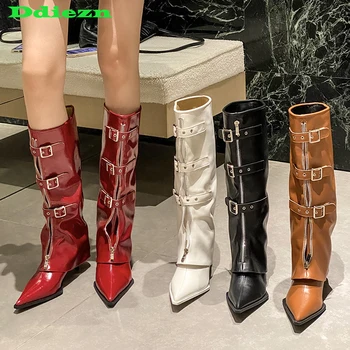 Zipper модерни коляното високи ботуши за дамски обувки женски заострени пръсти мода есен нови жени западни дълги ботуши обувки