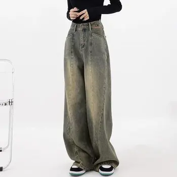 Baggy дънки жени висока талия дънки бутон дънкови панталони джобове широк крак нов Y2K панталони реколта улично облекло мода 2023 дънки