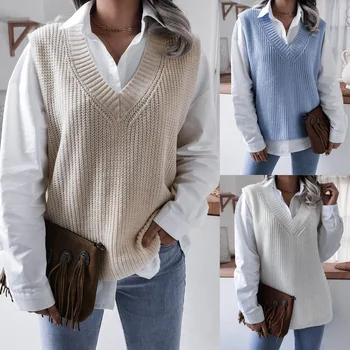Пуловер жилетка за жени есен и зима мода нов v-образно деколте хлабав плета плътен цвят случайни блуза