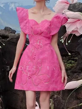 Boho Твърда розова рокля дантелено парти Плаж без ръкави 2022 лято жена Sundress жени секси реколта бродерия без гръб роба