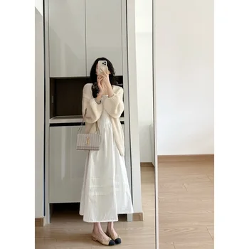 Корейски ретро Хепбърн стил памук бяла рокля жени 2023 стегнат талията малък тиранти рокля плетена жилетка две части комплект жени