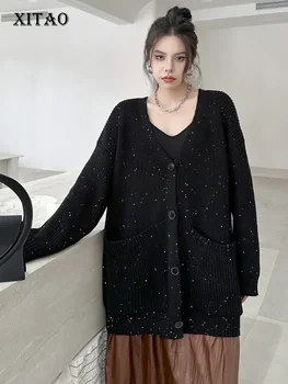 XITAO Ежедневни V-образно деколте плетене жилетка мода джоб хлабав отслабване жени есен нова тенденция еднореден пуловери HQQ1688
