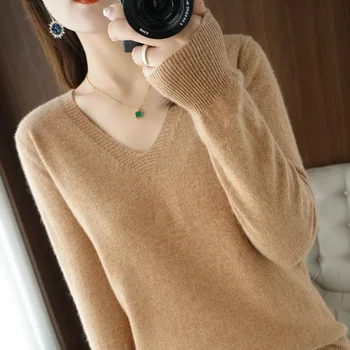 Дамски пуловер есен зима v-образно деколте трикотаж дълъг ръкав хлабав пуловери дама плътен цвят корейски джъмпер плетени върхове