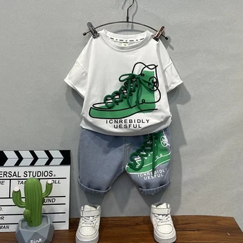 Baby Boys Summer Clothing Set 2023 Нова корейска Детска ежедневна тениска с къс ръкав и къси панталони Комплект от 2 части