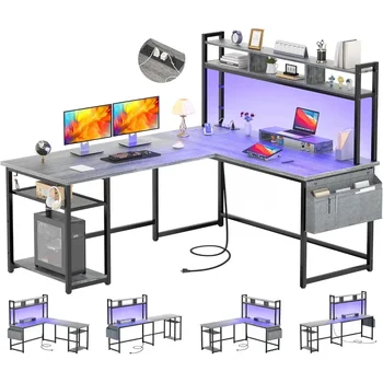 L оформен компютър / игрално бюро с електрически контакт & LED лента, рафт за съхранение и стойка за монитор, модерен домашен офис за 2 души
