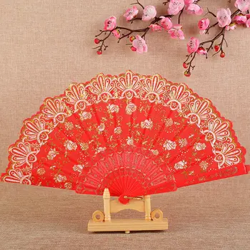 Златен прах Червена роза изкуство занаятчийски подарък китайски стил пластмасов сгъваем вентилатор ръка танц сватбено парти сгъваем вентилатор декоративен фен подарък