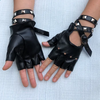 1 чифт Хелоуин черен Pu кожа без пръсти ръкавици женски половин пръст шофиране жени мода пънк ръкавици танц нитове ръкавици