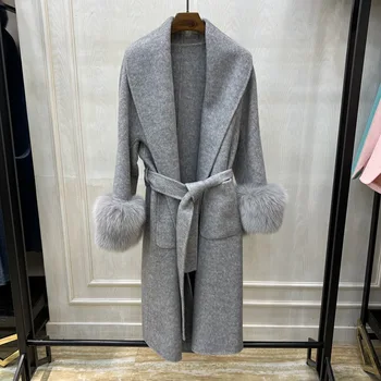 Ново 2023 истинско агнешко Вълна смесено палто с голяма истинска лисича кожа яка истинско вълнено яке с колан OutwearZY9121