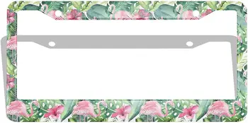  Розово фламинго Рамки за регистрационни номера Тропически флорални зелени палмови листа Птица екзотичен хибискус алуминиев метален преден регистрационен номер