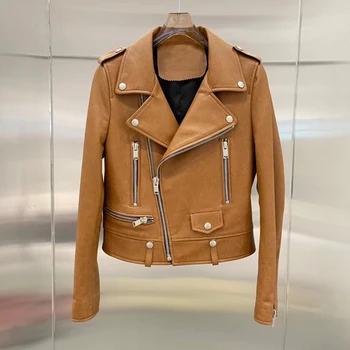 Късо яке от естествена кожа 2023 Мода Дамско палто Тънък Пролет Moto & Biker стил палто завой надолу яка