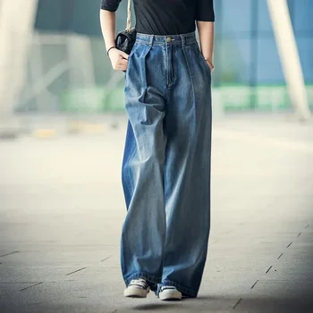 Oversize 80kg Baggy широк крак дънки майка пролетта реколта направо Vaqueros жени корейски streetwear измиване висока талия дънкови панталони