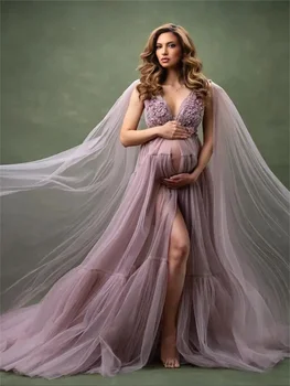Лилаво майчинство бала рокля роба бременна дантела пижами секси спално облекло халат за баня фотошот пухкави диференцирани парти рокли