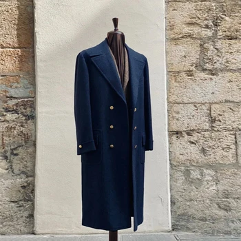 Tweed Woolen Man Blend TrencH палто Long Outwaer Поръчкови двуреден палто Тъмносин мъжки костюм якета годни тънък 2024
