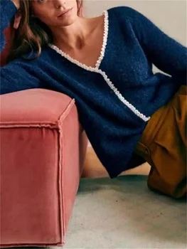 Плетен пуловер отгоре за дами еднореден V-образно деколте мохер смесен цветен ретро пуловер с дълъг ръкав