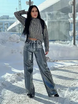 Жените сребърен метален кабел плета дълга вълна пуловер мода хлабав дълъг ръкав плета пуловер зимата шик дама случайни streetwear