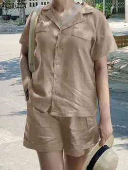 ZANZEA Летни комплекти за съвпадение 2PCS жени ежедневни плажни outifits твърди ваканционни панталони комплекти мода блуза с къс ръкав къси комплекти