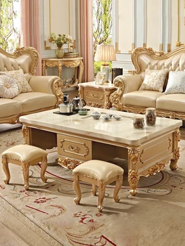 европейски стил кунг-фу маса за чай и столове, шампанско, злато масивно дърво мрамор многофункционална холна масичка за кафе