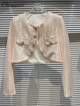 Дамско палто есен нова мода кристал катарама пълен пайети елегантен яке дълъг ръкав луксозен хайлайф кратко палто върховете 2023