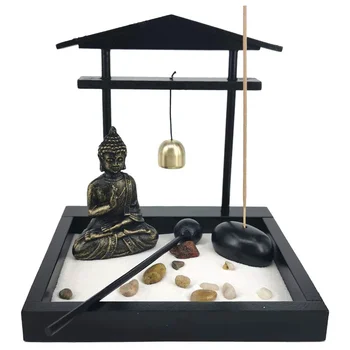 Desktop Zen пясъчна градина Медитираща статуя на Буда,Мини Дзен градина пясък тава комплект за домашен офис декор