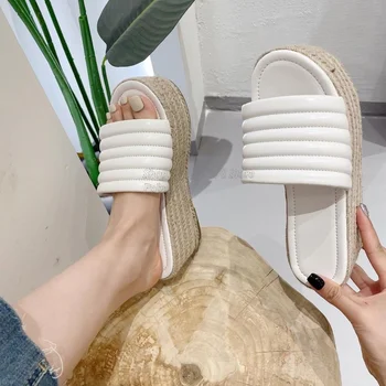 Кожен наклон петата сламени обувки чехли водоустойчива платформа обувки на висок ток чехли вътрешен открит чехли De Mujer Verano