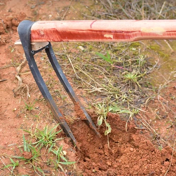 Селскостопански инструменти за засаждане на зеленчуци, домакинска манганова стомана, изкопаване на рохкава почва, завъртане на земята, двузъбна мотика, гребло