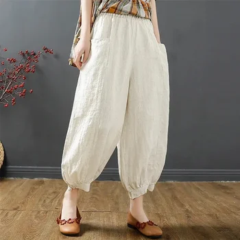 Нови случайни твърди глезена дължина Pantalones тънки хлабав голям джоб харем панталони жените извънгабаритни 100% памук бельо Bloomers реколта