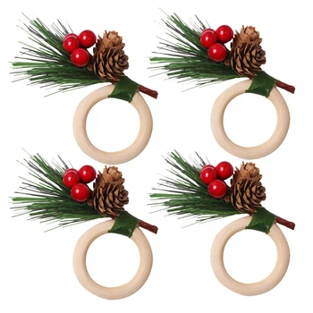 Коледни пръстени за салфетки Комплект от 4, дървени пръстени за салфетки Декорации за маса за Коледа, сватба, декор за маса