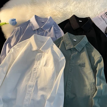 Ризи за мъже Красив ревера Мъжка блуза Ваканция Мода Мъжко облекло Мъжки плътен цвят Mesh ризи с дълъг ръкав 2023 A68