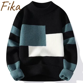 Ниша мода случайни зимен пуловер за мъже есен цвят блок шевове кръг врата трикотаж корейски ins контраст цвят пуловери