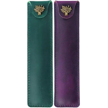 2X естествена кожа писалка торбичка притежателя единична молив чанта писалка случай с щракам бутон зелен & лилаво