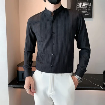 Пролетна мода Fold дизайн дълъг ръкав плътен цвят ризи за мъжко облекло 2023 Бизнес тънък годни ежедневни блузи върховете Y164