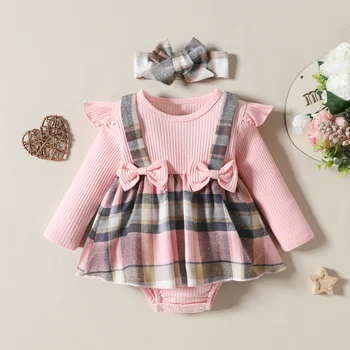 новородено бебе момиче пролет дълъг ръкав карирана пачуърк A-линия гащеризон рокля с лента за глава есен мода ежедневни дрехи