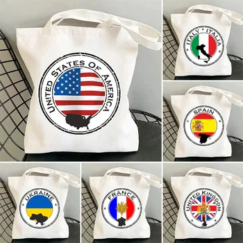 Украински флаг Франция Испания САЩ Англия кръг флаг печат бял пазарска чанта за жени памук пазаруване плаж големи летни чанти