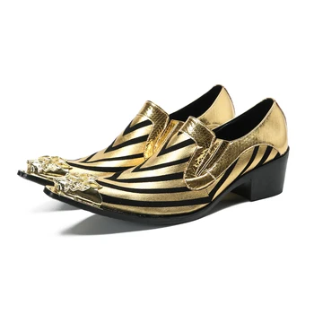 Мода златна ивица заострени пръсти офис бизнес обувки приплъзване на сватбено тържество мъжки обувки плюс размер мъже естествена кожа рокля обувки