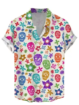 Реколта череп флорални мъжки ризи смешно захар череп 3D печат улично облекло къс ръкав хавайски риза печат ревера ризи за мъже
