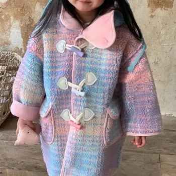 2023 Зимни момичета мода градиент цвят карирана качулка палто бебе деца деца дебел топло палто връхни дрехи
