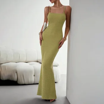 Каки рокля Спагети рокля без презрамки Секси рокля без гръб Sqare врата без ръкави Midi рокля за 2023 г. Модна жена плажна рокля
